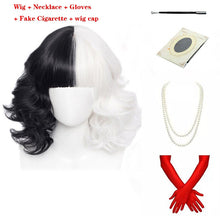 Load image into Gallery viewer, Cruella de Vil Short Cruly Half Black And Half White Cosplay Wig Heat Resistant Synthetic Hair Halloween Hair + a wig cap
