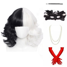 Load image into Gallery viewer, Cruella de Vil Short Cruly Half Black And Half White Cosplay Wig Heat Resistant Synthetic Hair Halloween Hair + a wig cap
