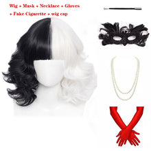 Load image into Gallery viewer, Cruella de Vil Short Cruly Half Black And Half White Cosplay Wig Heat Resistant Synthetic Hair Halloween Hair + a wig cap
