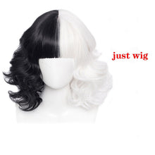 Load image into Gallery viewer, Cruella de Vil Short Cruly Half Black And Half White Cosplay Wig Heat Resistant Synthetic Hair Halloween Hair + a wig cap
