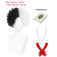 Load image into Gallery viewer, Cruella de Vil Short Cruly Half Black And Half White Cosplay Wig Heat Resistant Synthetic Hair Halloween Hair + a wig cap
