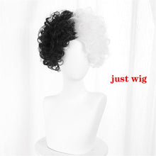 Load image into Gallery viewer, Cruella de Vil Short Cruly Half Black And Half White Cosplay Wig Heat Resistant Synthetic Hair Halloween Hair + a wig cap
