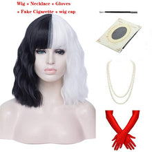 Load image into Gallery viewer, Cruella de Vil Short Cruly Half Black And Half White Cosplay Wig Heat Resistant Synthetic Hair Halloween Hair + a wig cap

