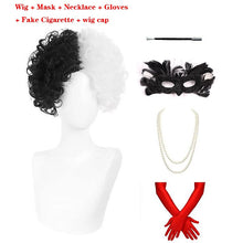 Load image into Gallery viewer, Cruella de Vil Short Cruly Half Black And Half White Cosplay Wig Heat Resistant Synthetic Hair Halloween Hair + a wig cap
