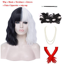Load image into Gallery viewer, Cruella de Vil Short Cruly Half Black And Half White Cosplay Wig Heat Resistant Synthetic Hair Halloween Hair + a wig cap
