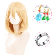 Load image into Gallery viewer, Anime Howl's Moving Castle Wizard Howl  Cosplay Short Blonde Yellow Hair Wig Cosplay Ring Earring Wig Necklace + a wig cap
