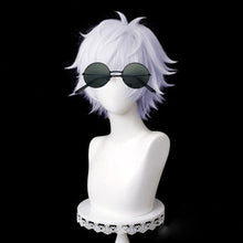 Load image into Gallery viewer, Anime Jujutsu Kaisen Gojo Satoru Cosplay Wig Silver Short Fluffy Layered Heat Resistant Synthetic Hair Wigs + Eyepatch + Glasses
