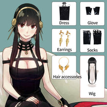 Load image into Gallery viewer, Anime Spy Family Yor Forger Cosplay Killer Assassin Gothic Halter Black Dress Outfit Uniform Costume with Leather Arms
