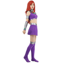 Load image into Gallery viewer, Starfire Cosplay Costume Women Halloween Carnival Cos Uniform Suit Crop top+Skirt+Stockings+Oversleeves.
