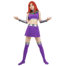 Load image into Gallery viewer, Starfire Cosplay Costume Women Halloween Carnival Cos Uniform Suit Crop top+Skirt+Stockings+Oversleeves.
