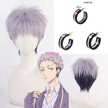 Load image into Gallery viewer, Anime Tokyo Revengers Cosplay Wig With Earrings Takashi Mitsuya Cosplay Short Gray Purple Ombre Wig Cosplay Hair Wig + a wig cap
