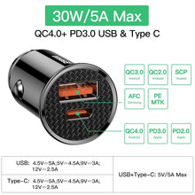 Load image into Gallery viewer, 30W USB Car Charger Quick Charge 4.0 3.0 FCP SCP AFC USB PD Fast Charging Car Phone Charger For Huawei Xiaomi iPhone 12
