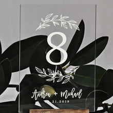 Load image into Gallery viewer, Wedding Table Numbers With Holders Clear Acrylic Calligraphy Wedding Signage Clear Wood Table Number Stand-
