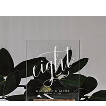 Load image into Gallery viewer, Wedding Table Numbers With Holders Clear Acrylic Calligraphy Wedding Signage Clear Wood Table Number Stand-
