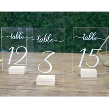Load image into Gallery viewer, Wedding Table Numbers With Holders Clear Acrylic Calligraphy Wedding Signage Clear Wood Table Number Stand-
