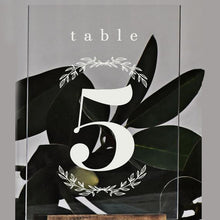 Load image into Gallery viewer, Wedding Table Numbers With Holders Clear Acrylic Calligraphy Wedding Signage Clear Wood Table Number Stand-
