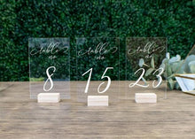 Load image into Gallery viewer, Wedding Table Numbers With Holders Clear Acrylic Calligraphy Wedding Signage Clear Wood Table Number Stand-
