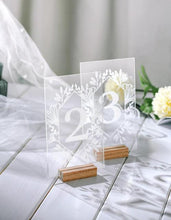 Load image into Gallery viewer, Wedding Table Numbers With Holders Clear Acrylic Calligraphy Wedding Signage Clear Wood Table Number Stand-
