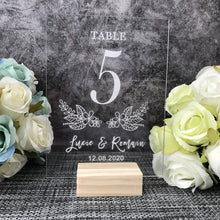Load image into Gallery viewer, Wedding Table Numbers With Holders Clear Acrylic Calligraphy Wedding Signage Clear Wood Table Number Stand-

