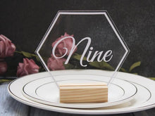 Load image into Gallery viewer, Wedding Table Numbers With Holders Clear Acrylic Calligraphy Wedding Signage Clear Wood Table Number Stand-
