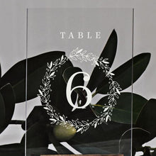 Load image into Gallery viewer, Wedding Table Numbers With Holders Clear Acrylic Calligraphy Wedding Signage Clear Wood Table Number Stand-
