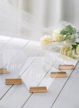 Load image into Gallery viewer, Wedding Table Numbers With Holders Clear Acrylic Calligraphy Wedding Signage Clear Wood Table Number Stand-

