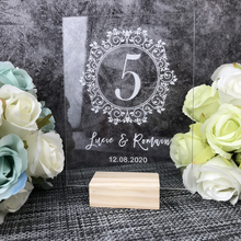 Load image into Gallery viewer, Wedding Table Numbers With Holders Clear Acrylic Calligraphy Wedding Signage Clear Wood Table Number Stand-

