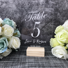 Load image into Gallery viewer, Wedding Table Numbers With Holders Clear Acrylic Calligraphy Wedding Signage Clear Wood Table Number Stand-
