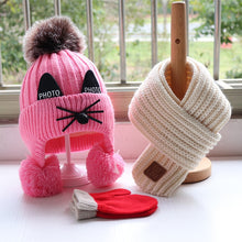 Load image into Gallery viewer, Children's hat scarf gloves three-piece set Boys and girls lovely knitted woollen hats Baby wool hat scarf  Lovely thick hat
