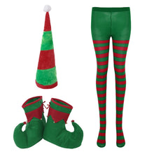 Load image into Gallery viewer, Christmas Elf Hat Santa Elf Shoes and Christmas Striped Tights for Adult Xmas Holiday Party Costume Tights Pantyhose /Hat/Shoes
