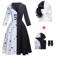 Load image into Gallery viewer, Cruella De Vil Cosplay Costume 2 Styles Women Gown Black White Maid Dress with Gloves Hoodie Skirt Wigs Outfits Halloween Party
