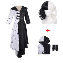 Load image into Gallery viewer, Cruella De Vil Cosplay Costume 2 Styles Women Gown Black White Maid Dress with Gloves Hoodie Skirt Wigs Outfits Halloween Party
