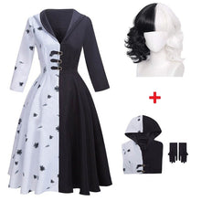Load image into Gallery viewer, Cruella De Vil Cosplay Costume 2 Styles Women Gown Black White Maid Dress with Gloves Hoodie Skirt Wigs Outfits Halloween Party
