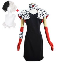 Load image into Gallery viewer, Cruella De Vil Cosplay Costume Dresses 101 Dalmatians with Cape Outfits Halloween Carnival Suit for Women Girls

