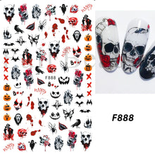 Load image into Gallery viewer, Cute Cartoon Skull Nail Stickers Spooky Halloween Decoration Ghost Bat Evil Pumpkin Sliders For Manicure Blood Nail Decal GLF886
