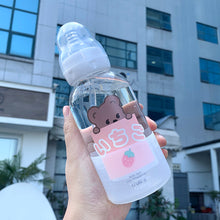 Load image into Gallery viewer, Cute girl glass  Water bottle creative fashion bear pattern personality straw cup student couple portable water cup
