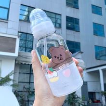 Load image into Gallery viewer, Cute girl glass  Water bottle creative fashion bear pattern personality straw cup student couple portable water cup
