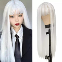 Load image into Gallery viewer, White Ladies Long Straight Hair With Bangs Cosplay 28 Inch Pure White Wig Anime Lolita Heat Resistant Fiber Synthetic Wig
