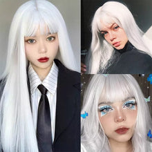 Load image into Gallery viewer, White Ladies Long Straight Hair With Bangs Cosplay 28 Inch Pure White Wig Anime Lolita Heat Resistant Fiber Synthetic Wig
