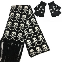 Load image into Gallery viewer, Fashion Skull Knitted Women Men Winter Scarf Skeleton Scarves Party Wraps with Black Fringe Luminous Skull Gloves
