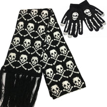 Load image into Gallery viewer, Fashion Skull Knitted Women Men Winter Scarf Skeleton Scarves Party Wraps with Black Fringe Luminous Skull Gloves

