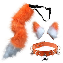 Load image into Gallery viewer, Faux Fur Kitten Wolf Long Tail Ears Hair Clips and Faux Leather Neck Collar Choker Set Halloween Party Cosplay Costume M24 21
