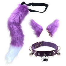 Load image into Gallery viewer, Faux Fur Kitten Wolf Long Tail Ears Hair Clips and Faux Leather Neck Collar Choker Set Halloween Party Cosplay Costume M24 21
