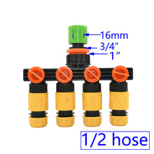 Load image into Gallery viewer, Female 1/2" 3/4" 1" To 1/2 3/4 Hose 4-Way Garden Tap Hose Water Splitter 16MM 20MM Shunt Four Outlets Irrigation Valve
