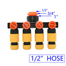Load image into Gallery viewer, Female 1/2" 3/4" 1" To 1/2 3/4 Hose 4-Way Garden Tap Hose Water Splitter 16MM 20MM Shunt Four Outlets Irrigation Valve
