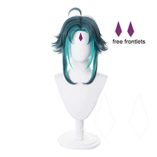 Load image into Gallery viewer, Game Genshin Impact Xiao Cosplay Wig Mixed Dark Green Blue Short Heat Resistant Synthetic Hair Halloween Role Play Wigs +Wig Cap
