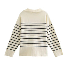 Load image into Gallery viewer, Women's Fashion Loose Striped Asymmetry Knitted Sweaters Vintage Long Sleeve Zip-up Female Pullovers Chic Tops

