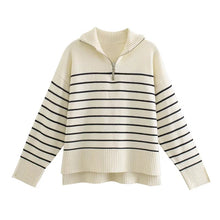 Load image into Gallery viewer, Women's Fashion Loose Striped Asymmetry Knitted Sweaters Vintage Long Sleeve Zip-up Female Pullovers Chic Tops
