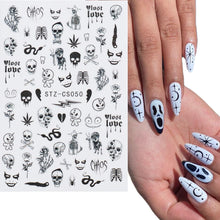 Load image into Gallery viewer, Halloween Anime Nails Stickers Terror Gothic Style Skull Black Snake Decals 3D New Year Sliders Manicure Decorations LECA725-732
