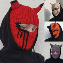 Load image into Gallery viewer, Halloween Funny Horns  Creative Knitted Hat Beanies Warm Full Face Cover Ski Mask Hat Windproof Balaclava Hat for Outdoor Sport

